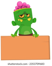 Cartoon zombie holding blank paper banner for text. Vector illustration. Isolated.
Halloween design element for banner, postcard, poster