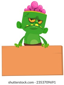Cartoon zombie holding blank paper banner for text. Vector illustration. Isolated.
Halloween design element for banner, postcard, poster