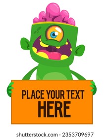 Cartoon zombie holding blank paper banner for text. Vector illustration. Isolated.
Halloween design element for banner, postcard, poster