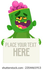 Cartoon zombie holding blank paper banner for text. Vector illustration. Isolated.
Halloween design element for banner, postcard, poster