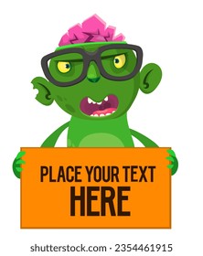 Cartoon zombie holding blank paper banner for text. Vector illustration. Isolated.
Halloween design element for banner, postcard, poster