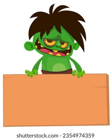 Cartoon zombie holding blank paper banner for text. Vector illustration. Isolated.
Halloween design element for banner, postcard, poster