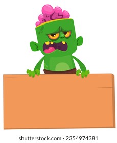 Cartoon zombie holding blank paper banner for text. Vector illustration. Isolated.
Halloween design element for banner, postcard, poster