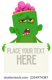 Cartoon zombie holding blank paper banner for text. Vector illustration. Isolated.
Halloween design element for banner, postcard, poster