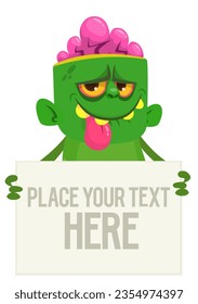 Cartoon zombie holding blank paper banner for text. Vector illustration. Isolated.
Halloween design element for banner, postcard, poster