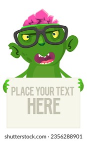 Cartoon zombie holding blank paper banner for text. Vector illustration. Isolated.
Halloween design element for banner, postcard, poster