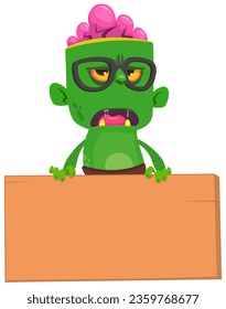 Cartoon zombie holding blank paper banner for text. Vector illustration. Isolated.
Halloween design element for banner, postcard, poster