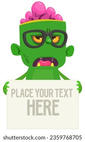 Cartoon zombie holding blank paper banner for text. Vector illustration. Isolated.
Halloween design element for banner, postcard, poster