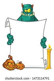 Cartoon zombie holding wooden sign.  Halloween design element for banner, postcard, poster. Illustration. 