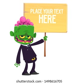 Cartoon zombie holding wooden sign. Vector illustration. Isolated on the white background. Halloween design element for banner, postcard, poster. 