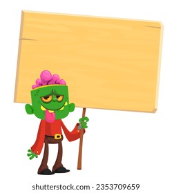 Cartoon zombie holding wooden sign. Vector illustration isolated. 
Halloween design element for banner, postcard, poster