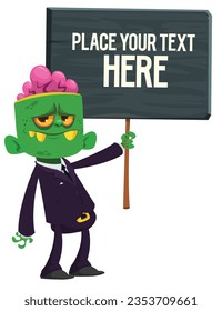 Cartoon zombie holding wooden sign. Vector illustration isolated. 
Halloween design element for banner, postcard, poster