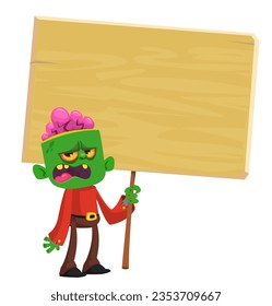 Caricatura zombie con un cartel de madera. Ilustración vectorial aislada. 
Elemento de diseño de Halloween para banner, postal, afiche