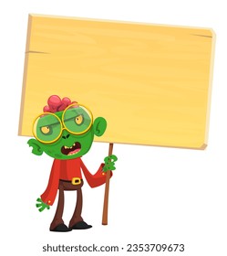 Cartoon zombie holding wooden sign. Vector illustration isolated. 
Halloween design element for banner, postcard, poster