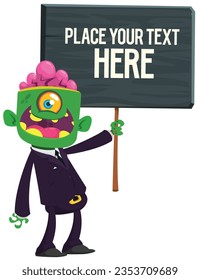 Cartoon zombie holding wooden sign. Vector illustration isolated. 
Halloween design element for banner, postcard, poster