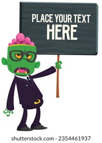 Cartoon zombie holding wooden sign. Vector illustration isolated. 
Halloween design element for banner, postcard, poster
