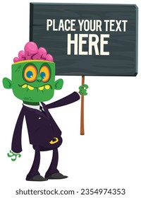 Cartoon zombie holding wooden sign. Vector illustration isolated. 
Halloween design element for banner, postcard, poster