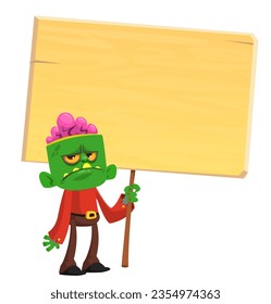 Cartoon zombie holding wooden sign. Vector illustration isolated. 
Halloween design element for banner, postcard, poster