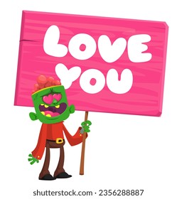 Cartoon zombie holding wooden sign. Vector illustration isolated. 
Halloween design element for banner, postcard, poster