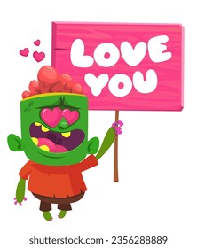 Cartoon zombie holding wooden sign. Vector illustration isolated. 
Halloween design element for banner, postcard, poster