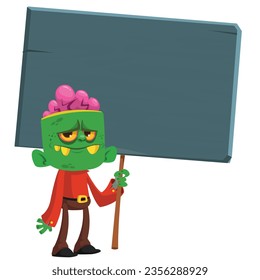 Cartoon zombie holding wooden sign. Vector illustration isolated. 
Halloween design element for banner, postcard, poster