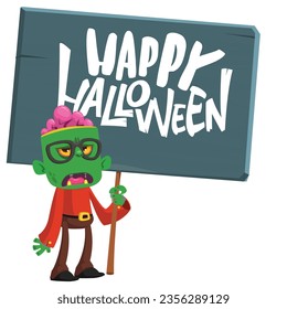 Cartoon zombie holding wooden sign. Vector illustration isolated. 
Halloween design element for banner, postcard, poster
