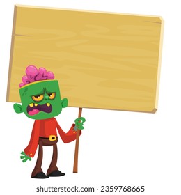 Cartoon zombie holding wooden sign. Vector illustration isolated. 
Halloween design element for banner, postcard, poster