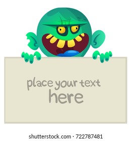 Cartoon zombie holding wooden sign. Vector illustration. Isolated on the white background. Halloween design element for banner, postcard, poster. 