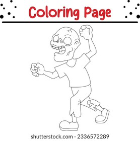 Cartoon zombie isolated on white background. Halloween coloring page for children. Black and white vector illustration for coloring book