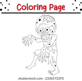 Cartoon zombie isolated on white background. Halloween coloring page for children. Black and white vector illustration for coloring book