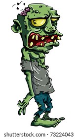 Cartoon zombie isolated on white. His brains are sticking out of his head