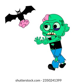 Cartoon zombie is looking for his brains. Vector illustration. All elements are isolated	