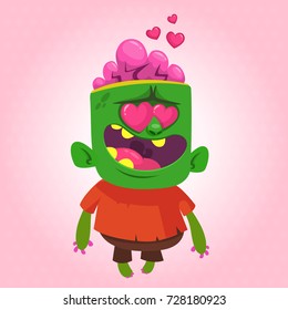 Cartoon zombie in love. Halloween vector illustration of  zombie cupid with flying hearts. Isolated