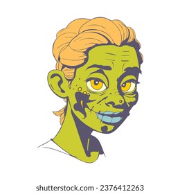Cartoon zombie monster portrait. Funny and scary female character