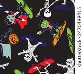 Cartoon Zombie, mummy, skeleton and pumpkin skateboarding. Halloween Seamless pattern. Vector illustration.