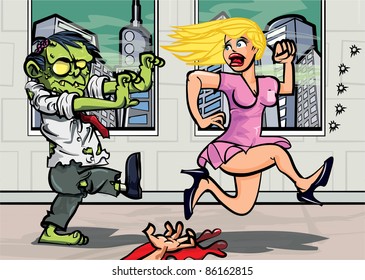 Cartoon Zombie Office Worker Chasing A Blonde Girl Through An Office