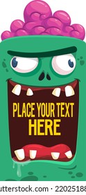 Cartoon zombie with opened mouth blank space  banner for text. Vector illustration. Isolated on the white background. Halloween design element for banner, postcard, poster, package or decoration