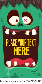 Cartoon zombie with opened mouth blank space  banner for text. Vector illustration. Isolated on the white background. Halloween design element for banner, postcard, poster, package or decoration