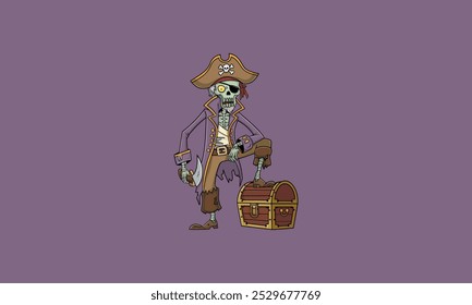 Desenhos animados pirata zumbi com um baú de tesouro e espada.