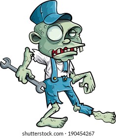 Cartoon zombie plumber with wrench. Isolated on white