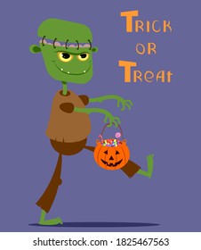 Caricatura zombie con calabaza y dulces. Ilustración vectorial para tarjeta de Halloween, afiche e impresión.