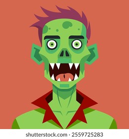 A cartoon zombie with a red shirt and green eyes