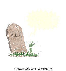 cartoon zombie rising from grave with speech bubble