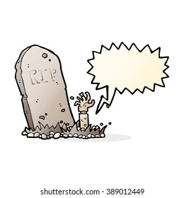 cartoon zombie rising from grave with speech bubble