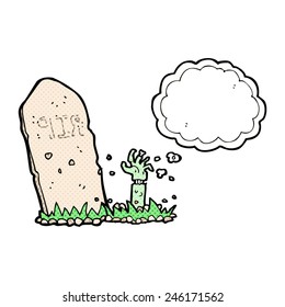 cartoon zombie rising from grave with thought bubble