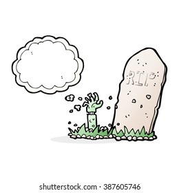 cartoon zombie rising from grave with thought bubble