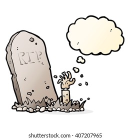 cartoon zombie rising from grave with thought bubble