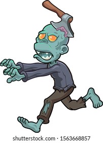 Cartoon zombie running with an ax in his head.