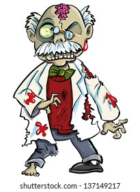 Cartoon zombie scientist with brains showing. Isolated on white 