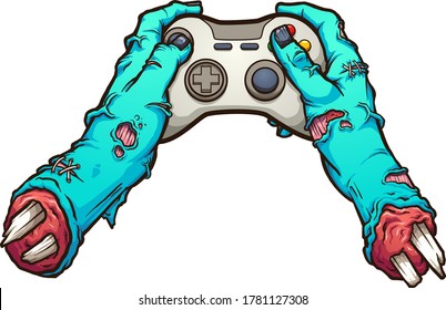 Cartoon zombie severed hands holding a video game controller. Vector clip art illustration with simple gradients. All in a single layer. 
